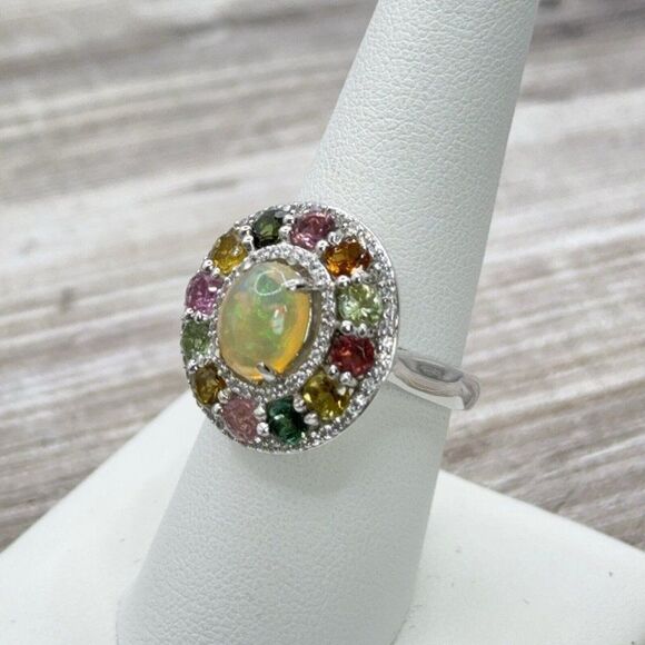 Welo Opal Ring W/ Multicolored Tourmaline Gemstones Zircon Halo Sterling Sz 7.75 - Picture 3 of 9